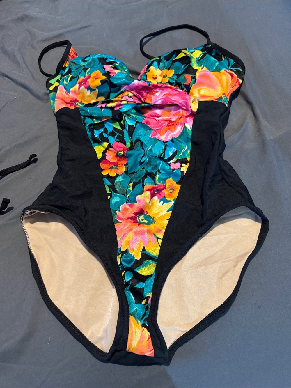 Womens Floral One-Piece Swimsuit - Black with Multicolor Floral Panel